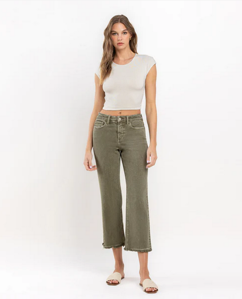 High Rise Raw Crop Straight Jeans - Deep Lichen Green - Southern Belle Boutique