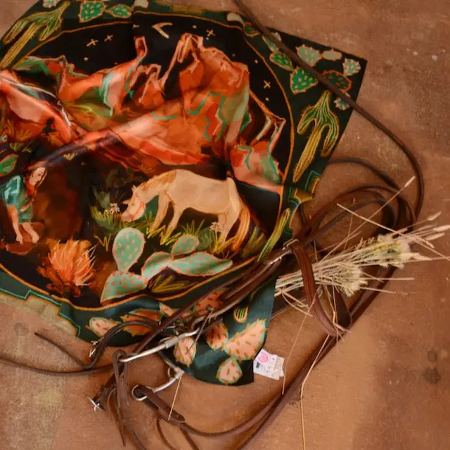 Desert Nights: 35x35 Western Mulberry Silk Wild Rag Cowgirl Horse and Cactus - Southern Belle Boutique