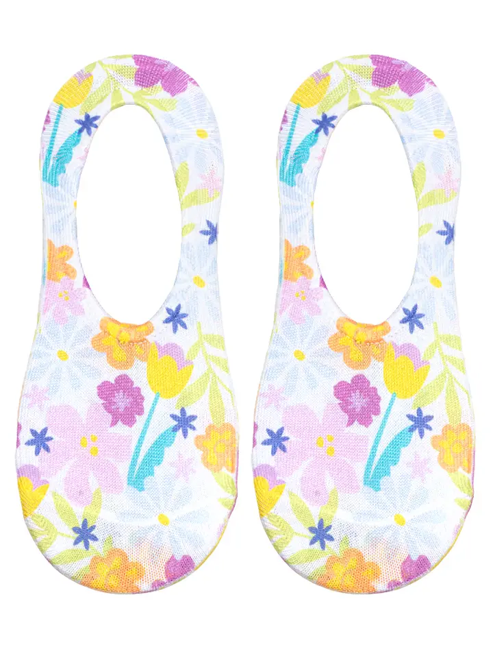 No-Show Liner Socks - Spring Flowers in Bloom - White