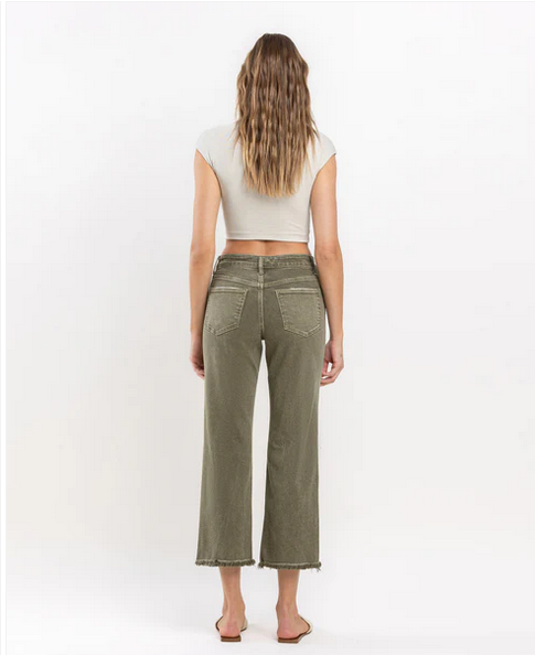 High Rise Raw Crop Straight Jeans - Deep Lichen Green - Southern Belle Boutique