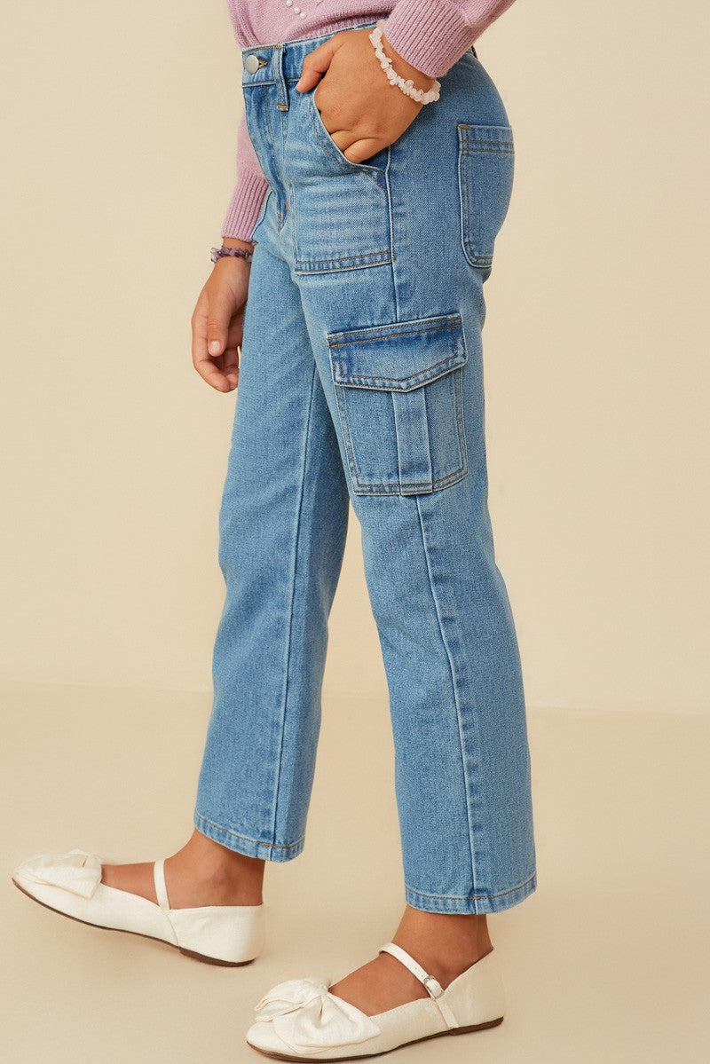 Girls Cargo Pocket Straight Leg Patch Pocket Jeans