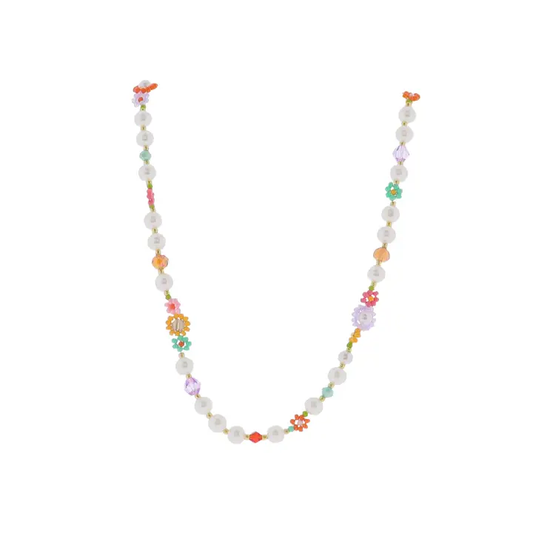 Kids 14" Orange, Teal, Pink Flower & Pearl Beaded Necklace - Southern Belle Boutique