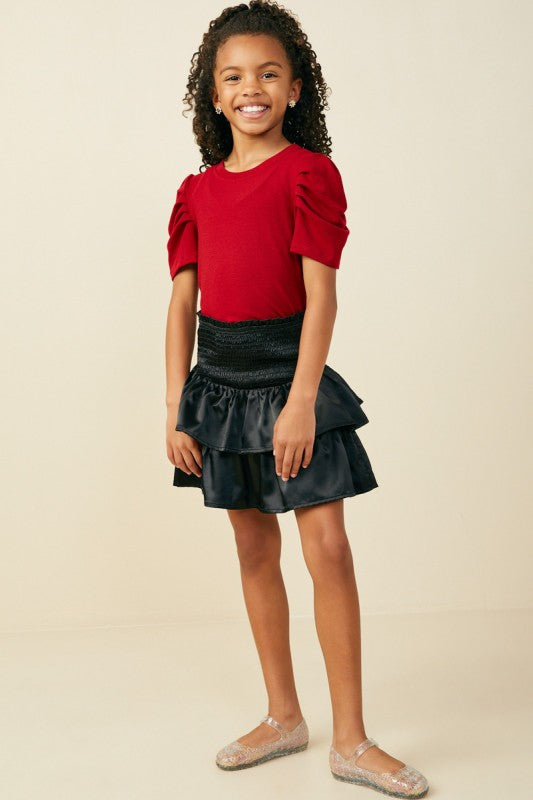 Girls Ribbed Pleated Shoulder Puff Sleeve Top - Red
