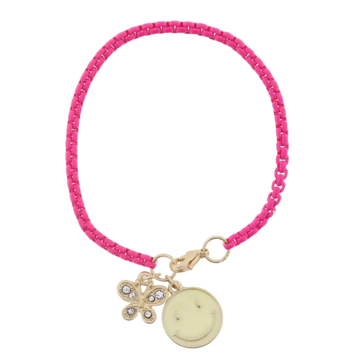 Kids Pink Box Chain with Butterfly & Happy Face Bracelet - Southern Belle Boutique