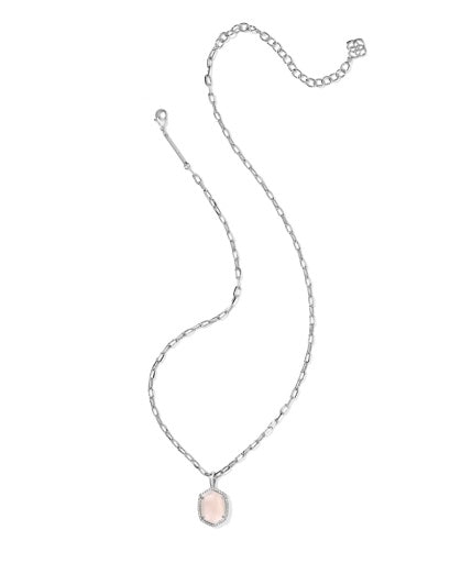 Daphne Pave Frame Short Pendant Necklace Silver Rose Quartz