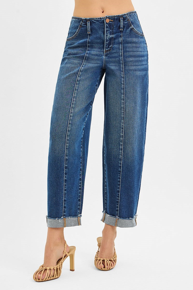 High Rise Fit Barrel Cuffed Jean - Dark Wash