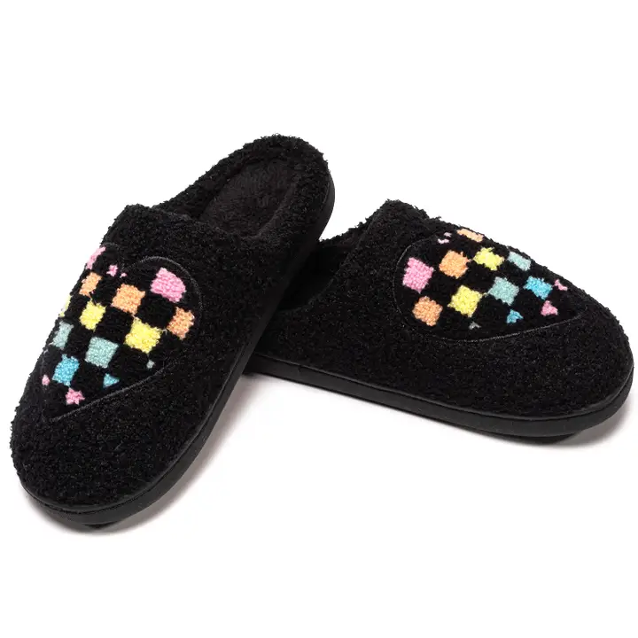 Colored Checkered Heart Black Slippers