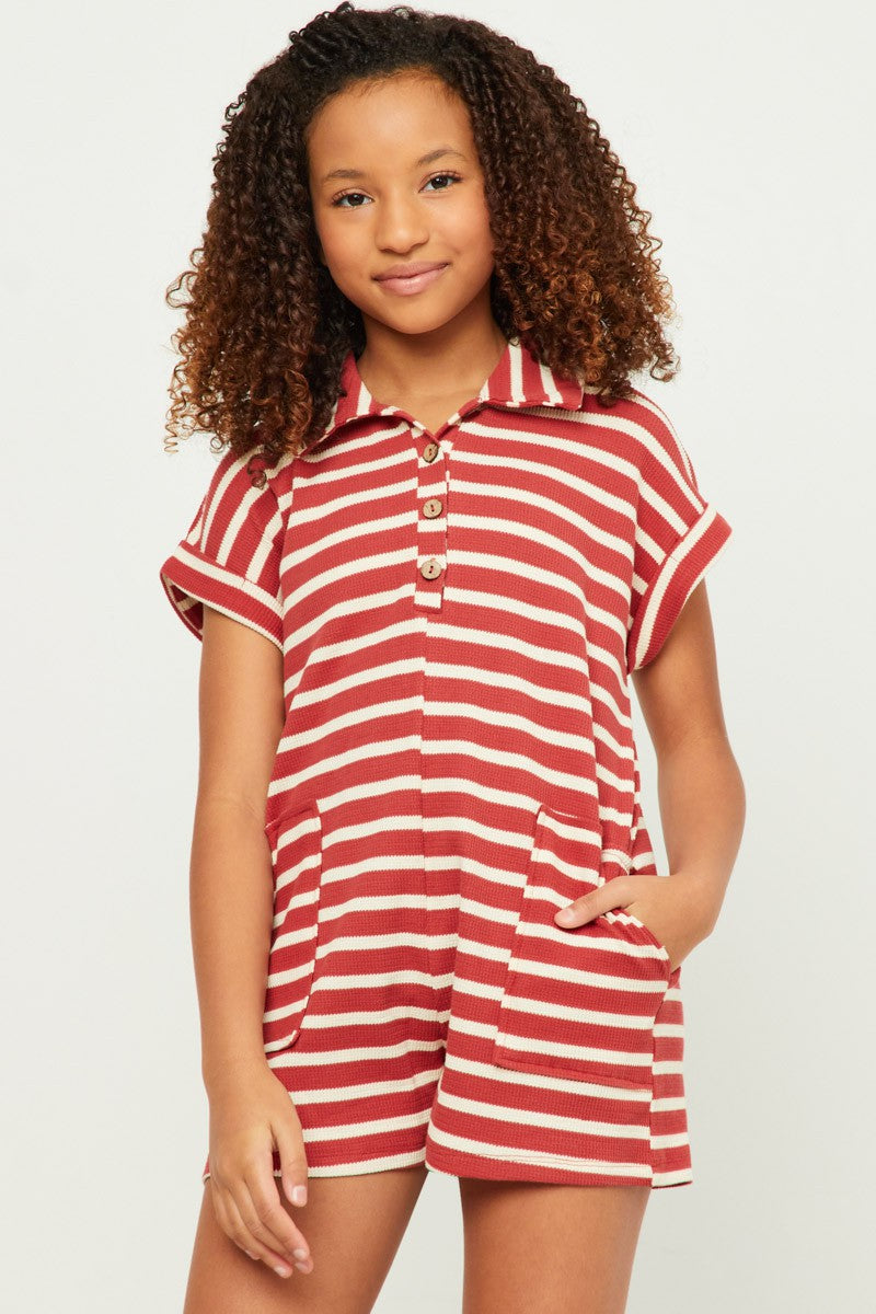 Rust Stripe Short Sleeve Collared Patch Pocket Romper