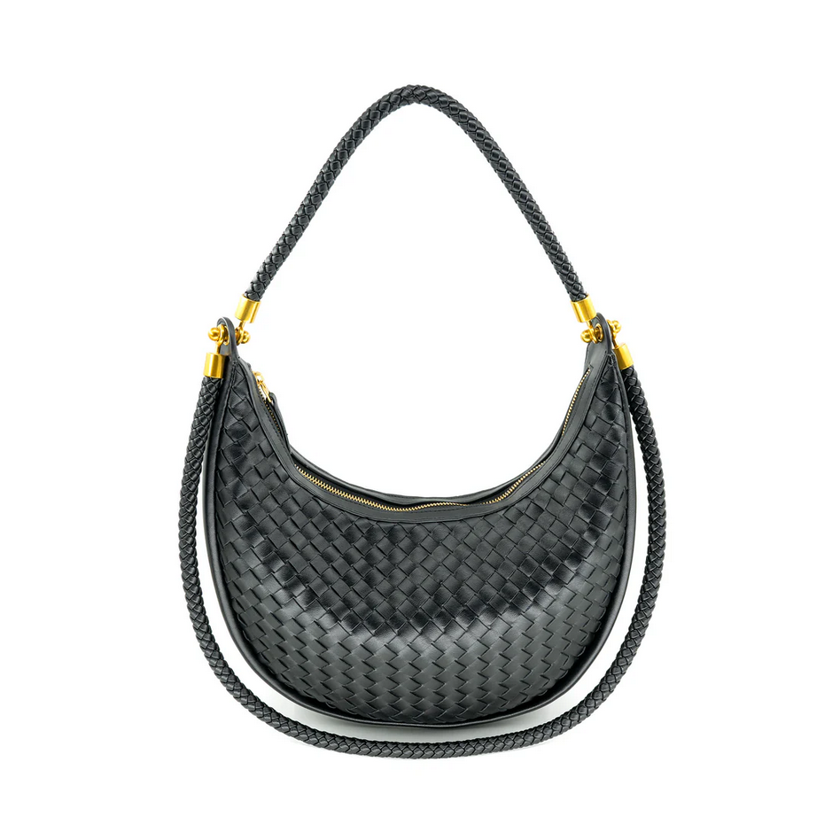Black Woven Vegan Leather Saddle Bag
