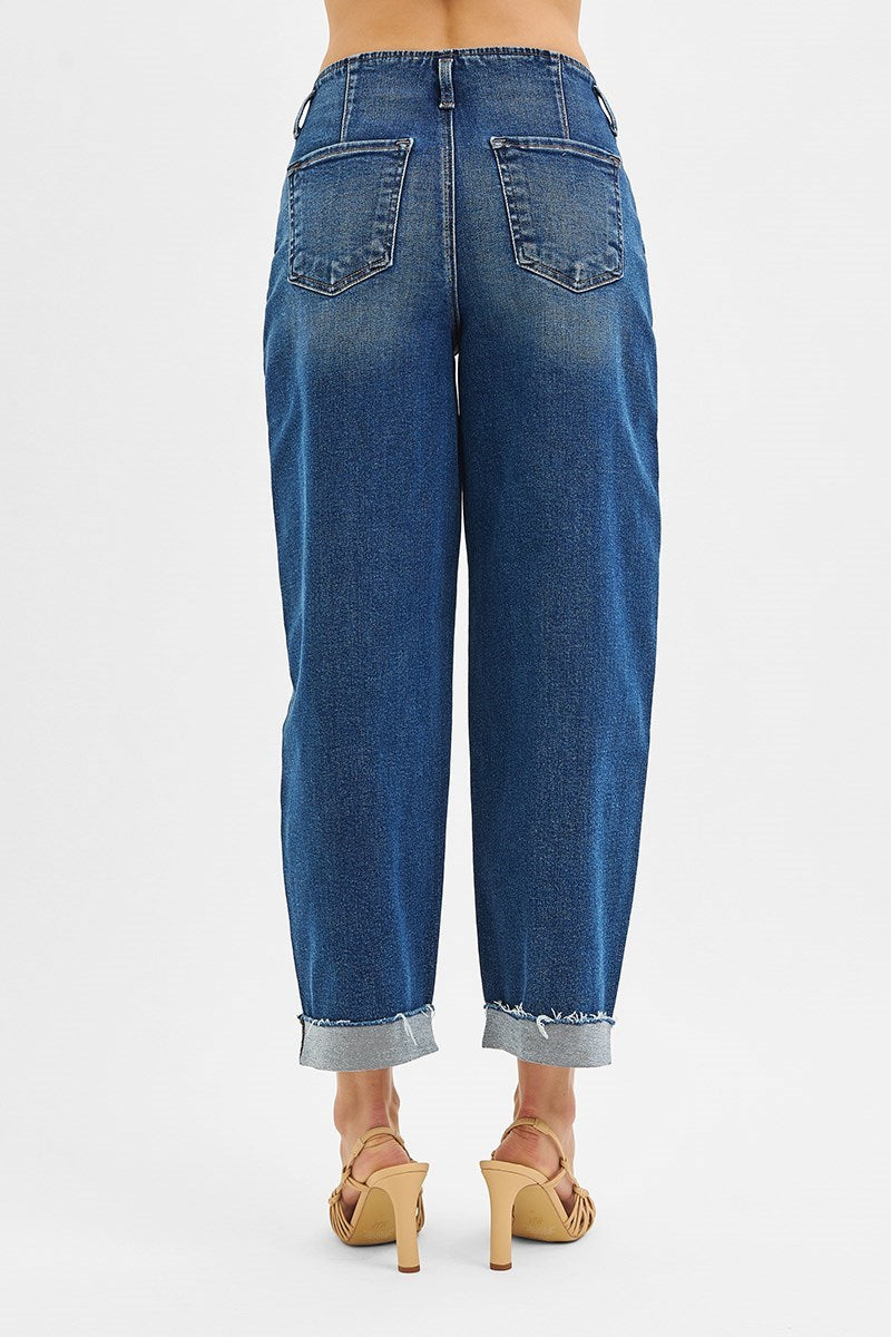 High Rise Fit Barrel Cuffed Jean - Dark Wash