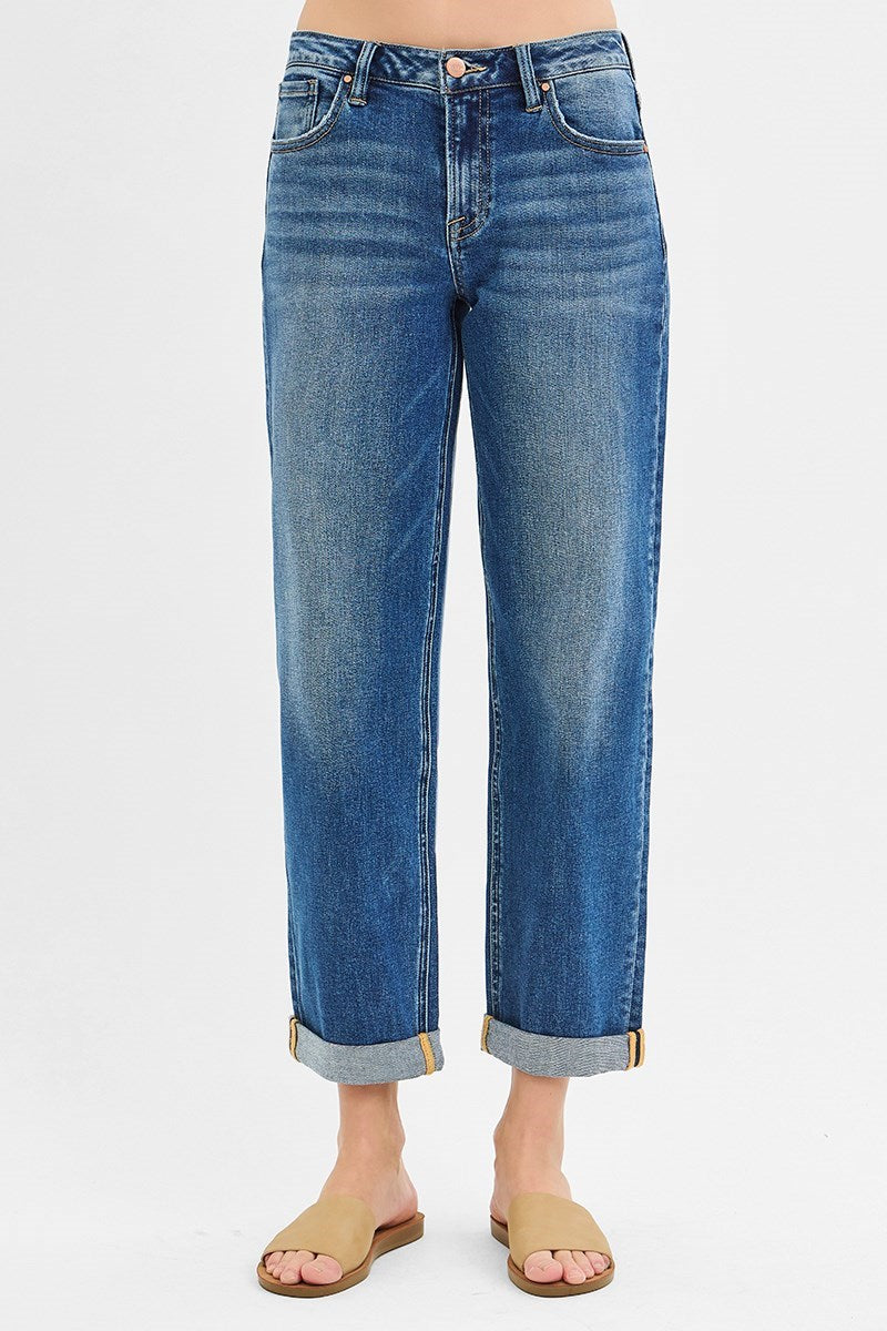 Risen Mid Rise Boyfriend Roll Up Jeans - Dark - Southern Belle Boutique
