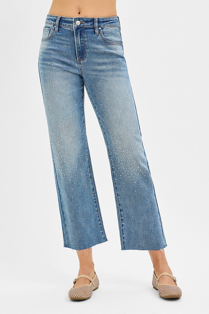 High Rise Crop Straight Rhinestone Jeans - Medium