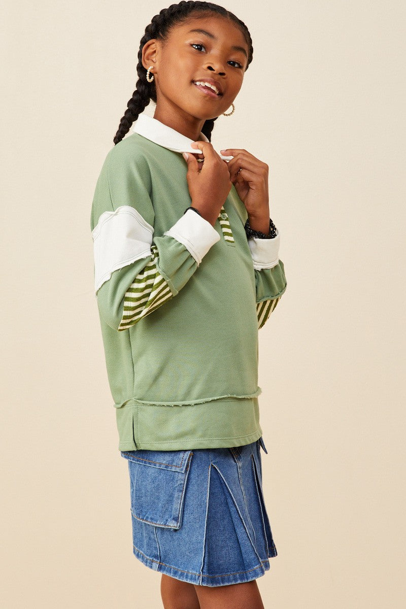 Olive Blocked Knit Rugby Shirt - Southern Belle Boutique