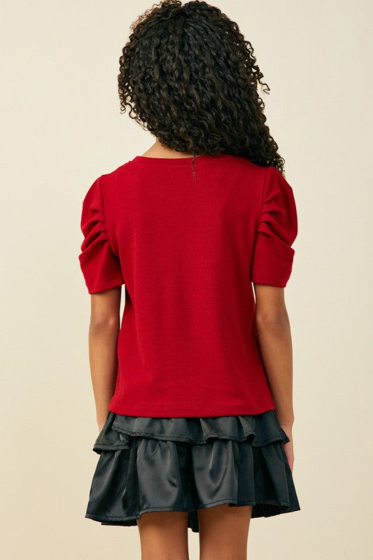 Girls Ribbed Pleated Shoulder Puff Sleeve Top - Red