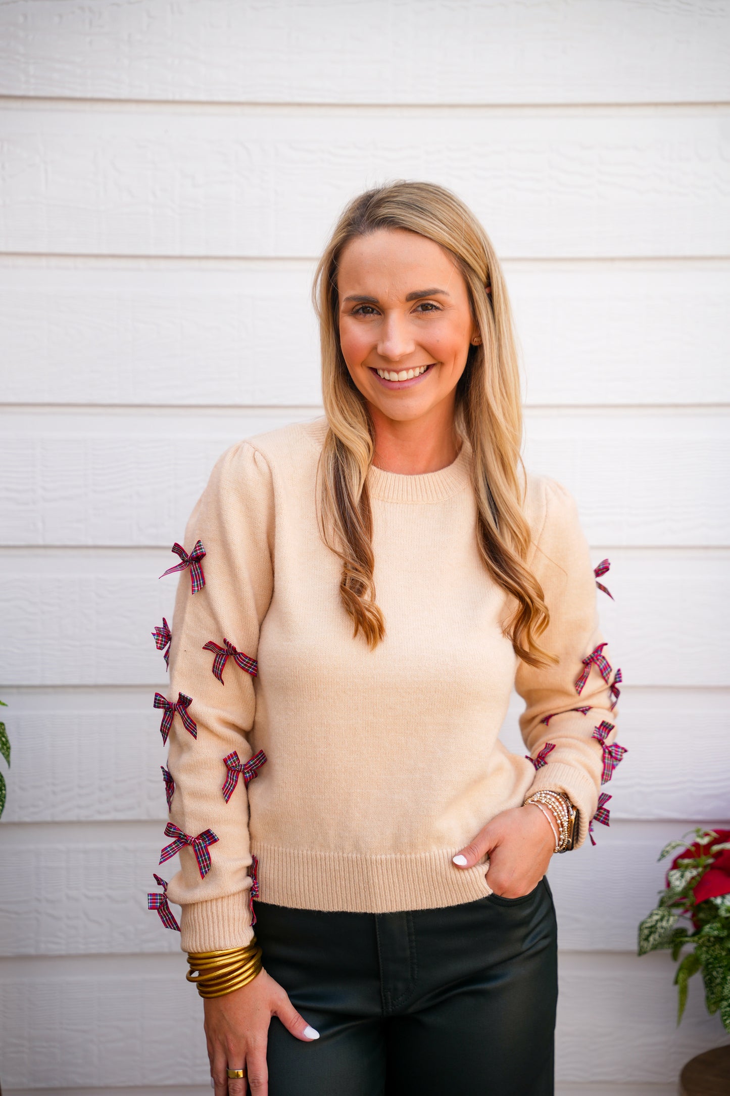 Holiday Christmas Plaid Bow Sweater