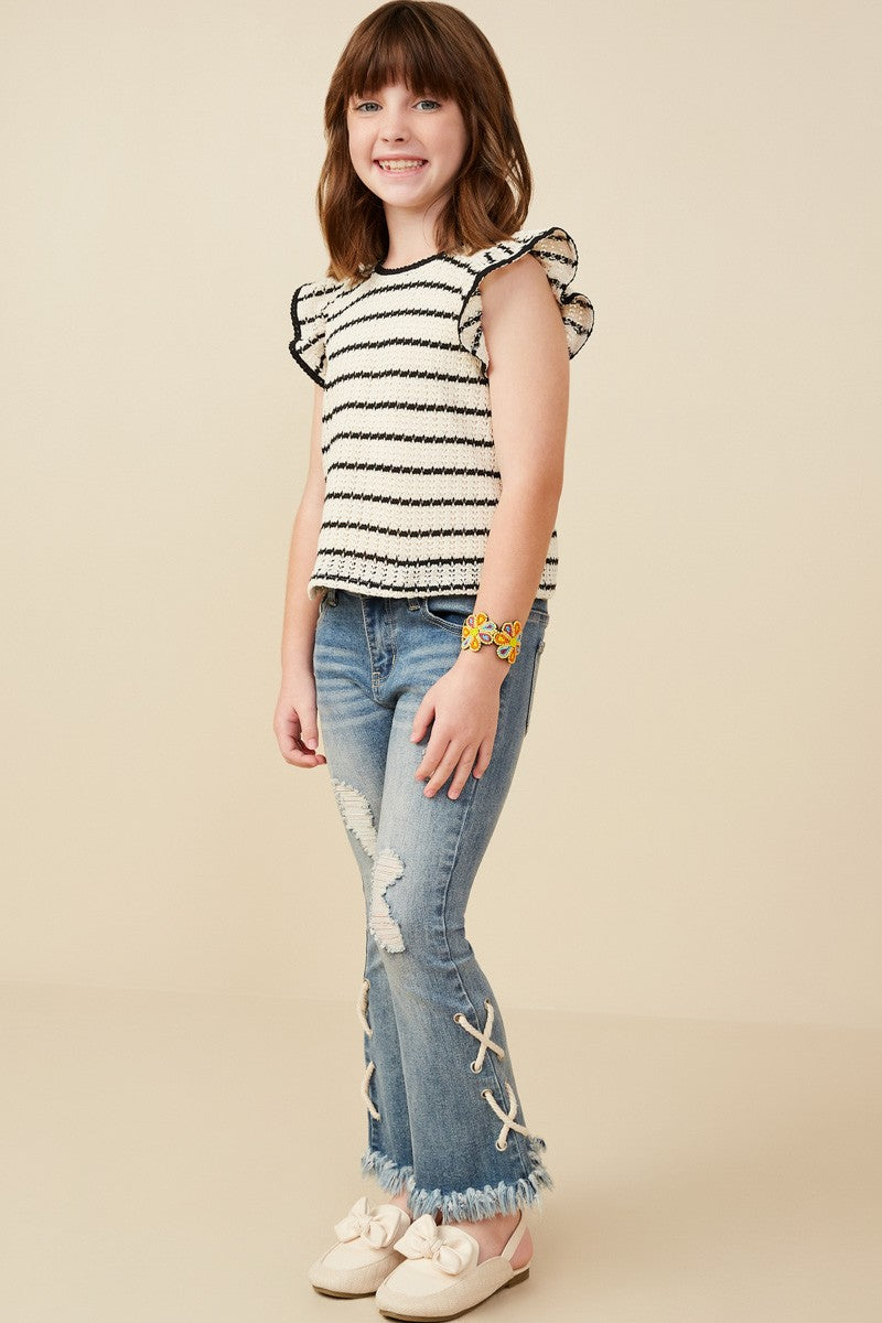 Black Striped Ruffle Sleeve Top