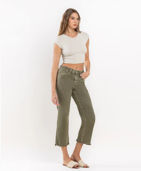 High Rise Raw Crop Straight Jeans - Deep Lichen Green - Southern Belle Boutique