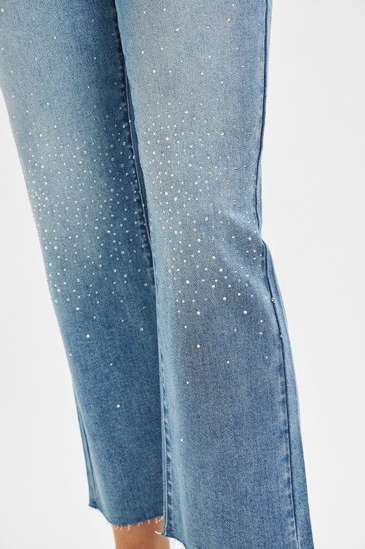 High Rise Crop Straight Rhinestone Jeans - Medium