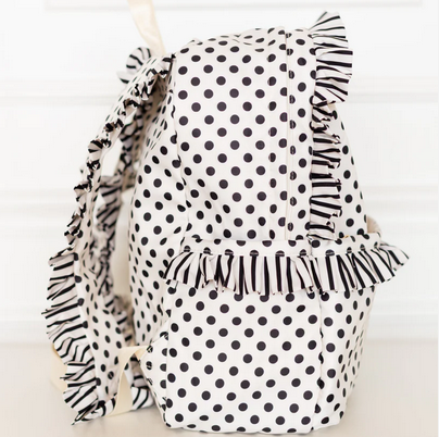 Polka Stripe Ruffled Nylon Backpack - Black