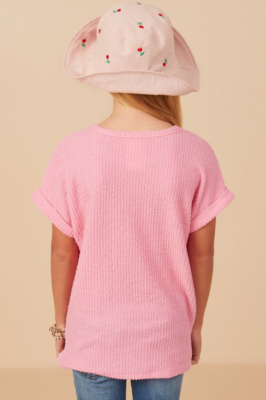 Pink Textured Roll Sleeve TShirt - Southern Belle Boutique