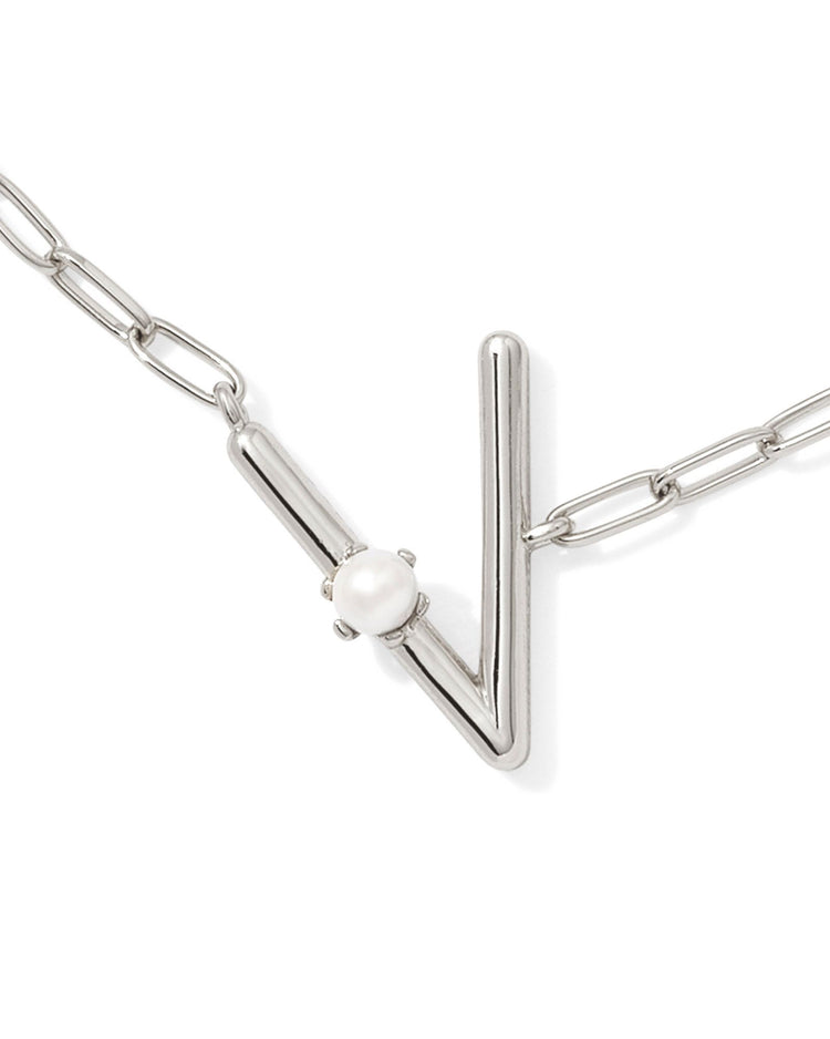 Pearl Initial V Short Pendant Necklace - Silver - Southern Belle Boutique