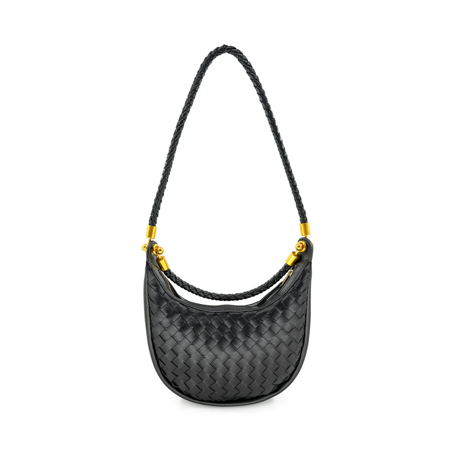 Black Woven Vegan Leather Hobo Bag - Small