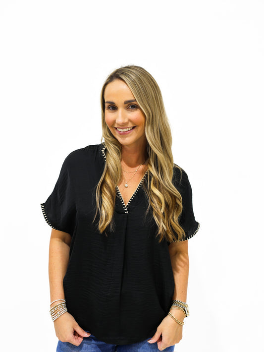 Black Whipstitch Drop Shoulder Blouse