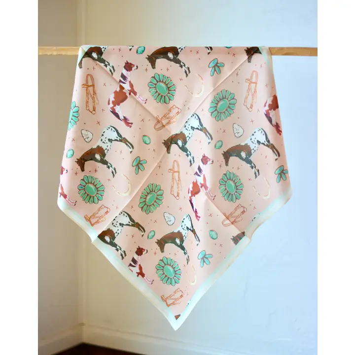 Western Silk Wild Rag Horses and Turquoise Peach Scarf - Southern Belle Boutique