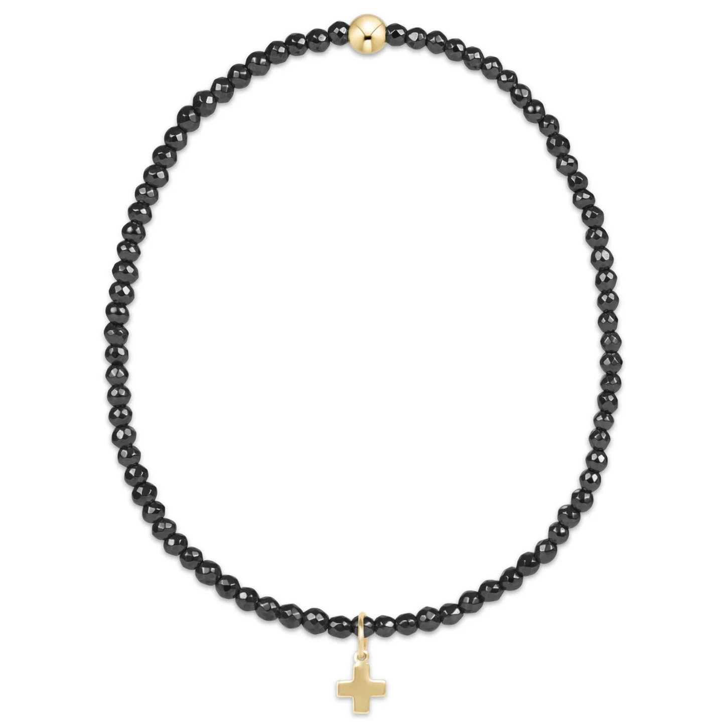 Faceted Hematite 2MM Bead Bracelet - Signature Cross Gold Charm