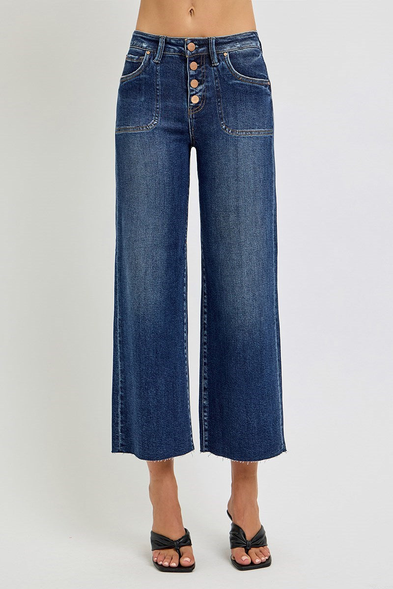 Risen High Rise Crop Wide Button Up Jean - Dark