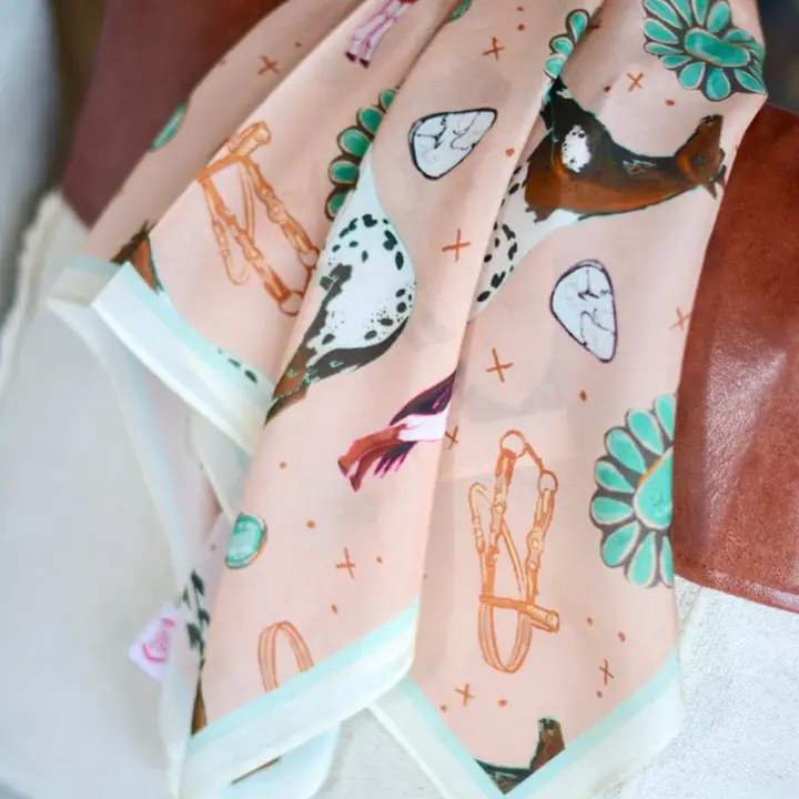 Western Silk Wild Rag Horses and Turquoise Peach Scarf - Southern Belle Boutique