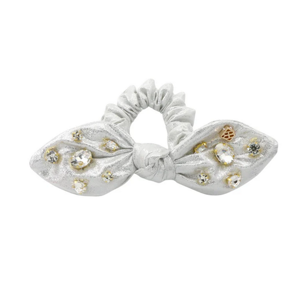 Shimmer Bow Scrunchie with Hand Sewn Crystals in Silver - Southern Belle Boutique