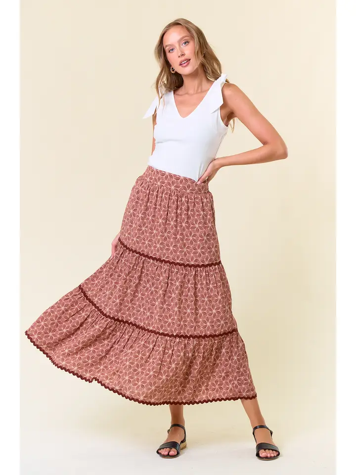 Terra Cotta Floral Rick Rack Lace Tiered Maxi Skirt - Southern Belle Boutique