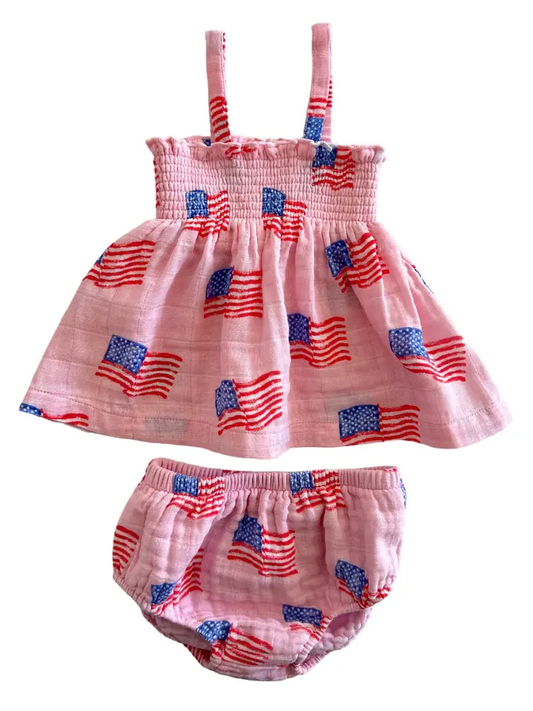 American Flag Pink Muslin Smocked Top & Bloomers - Southern Belle Boutique