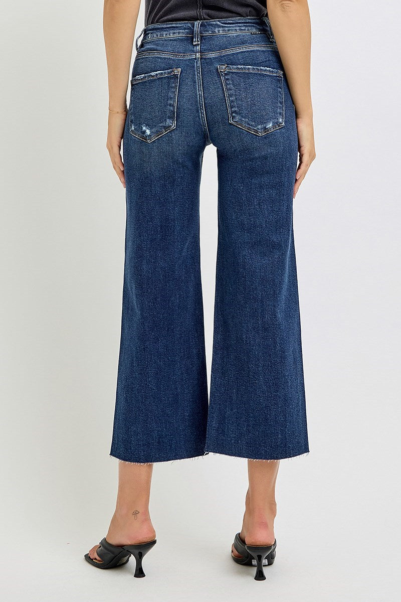 Risen High Rise Crop Wide Button Up Jean - Dark