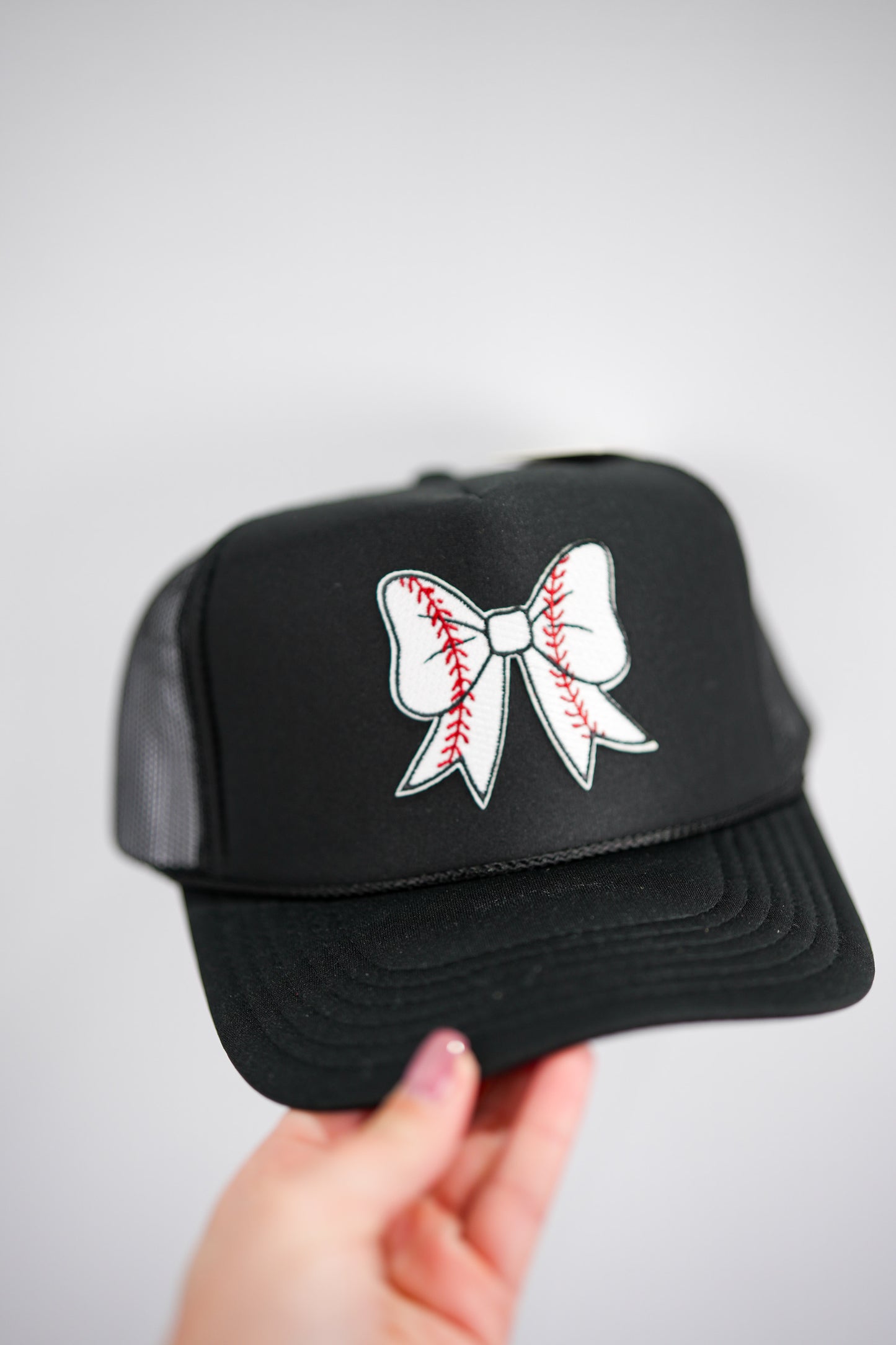 Baseball Bow Coquette Patch Foam Trucker Hat - Black - Southern Belle Boutique