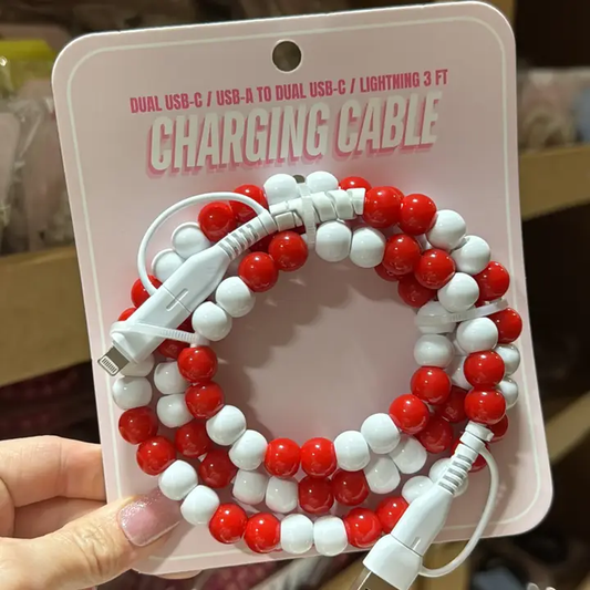 Beaded Cable Phone Charger - Red & White - Southern Belle Boutique