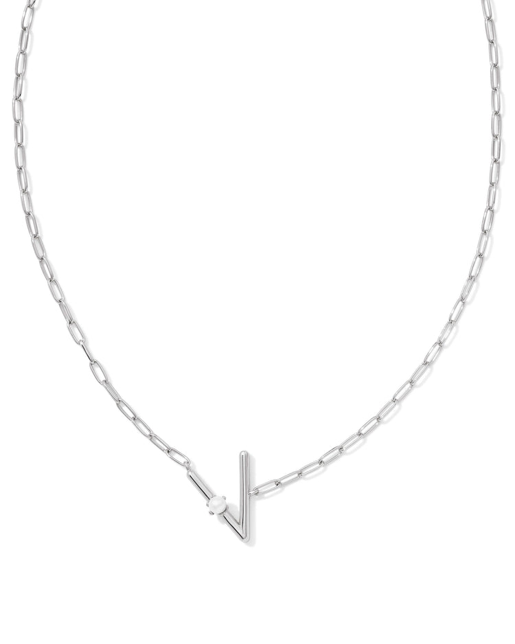Pearl Initial V Short Pendant Necklace - Silver - Southern Belle Boutique