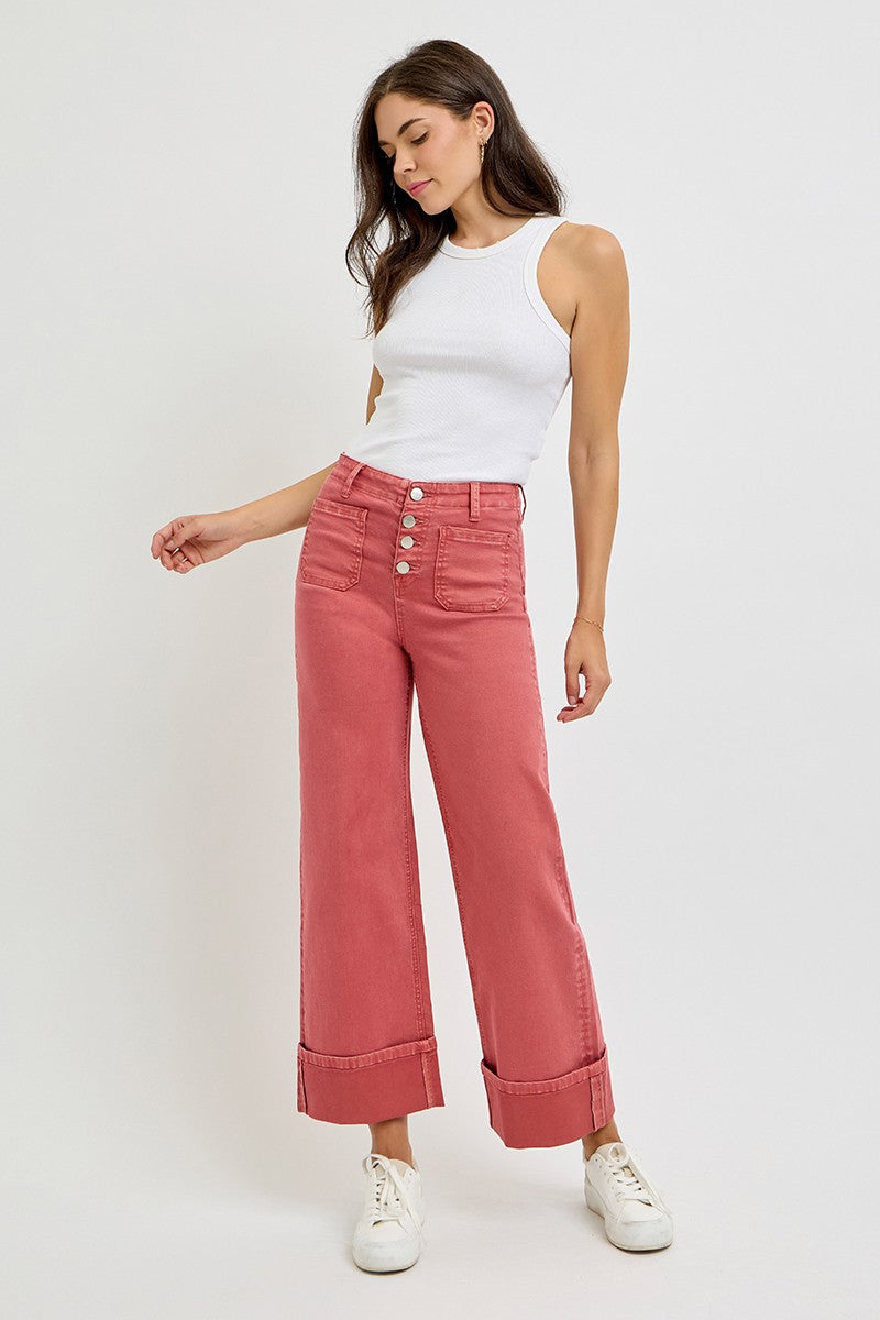 High Rise Wide Leg Front Patch Pocket Cuffed Pants - Brick