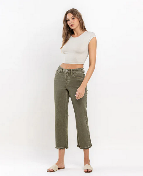 High Rise Raw Crop Straight Jeans - Deep Lichen Green - Southern Belle Boutique