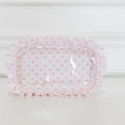 Ruffled Nylon Medium Clear Pouch - Pink Polka Stripe - Southern Belle Boutique