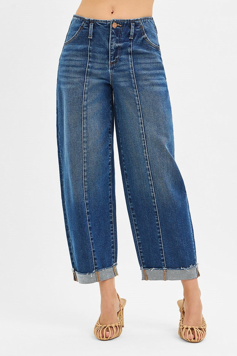 High Rise Fit Barrel Cuffed Jean - Dark Wash