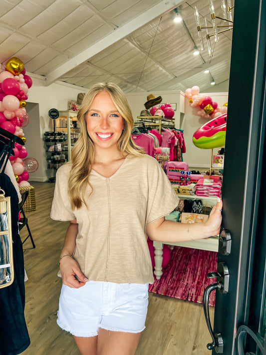 Khaki VNeck Cotton Slub Top - Southern Belle Boutique