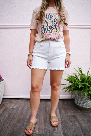 Tummy Control High Rise Fray Hem Short - White - Southern Belle Boutique
