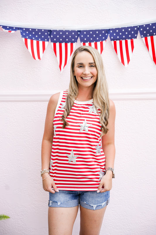 Star' Sequin Patched Stripe Round Neck Tank Top - White/Red