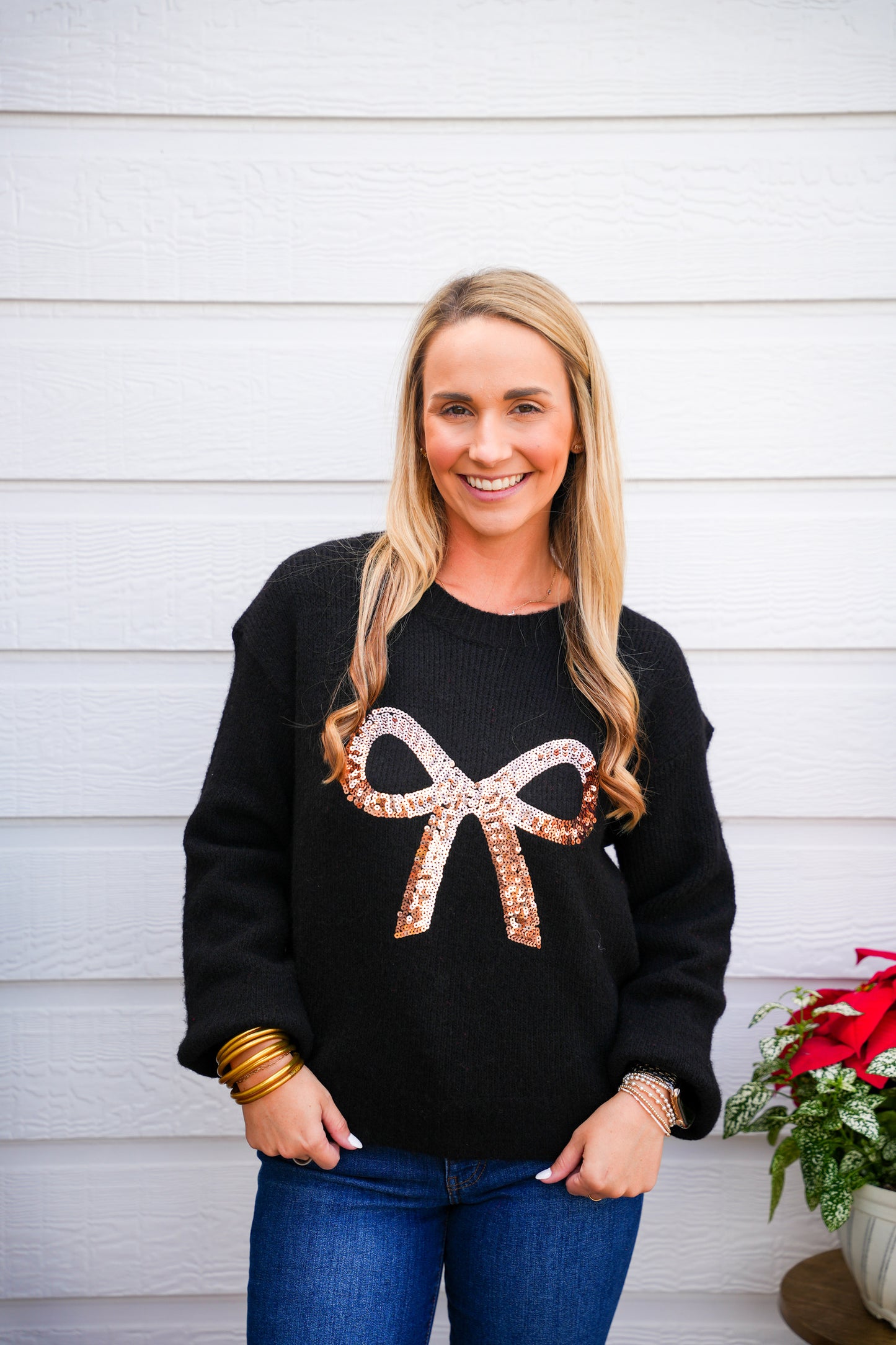 Black Gold Bow Sequin Sweater