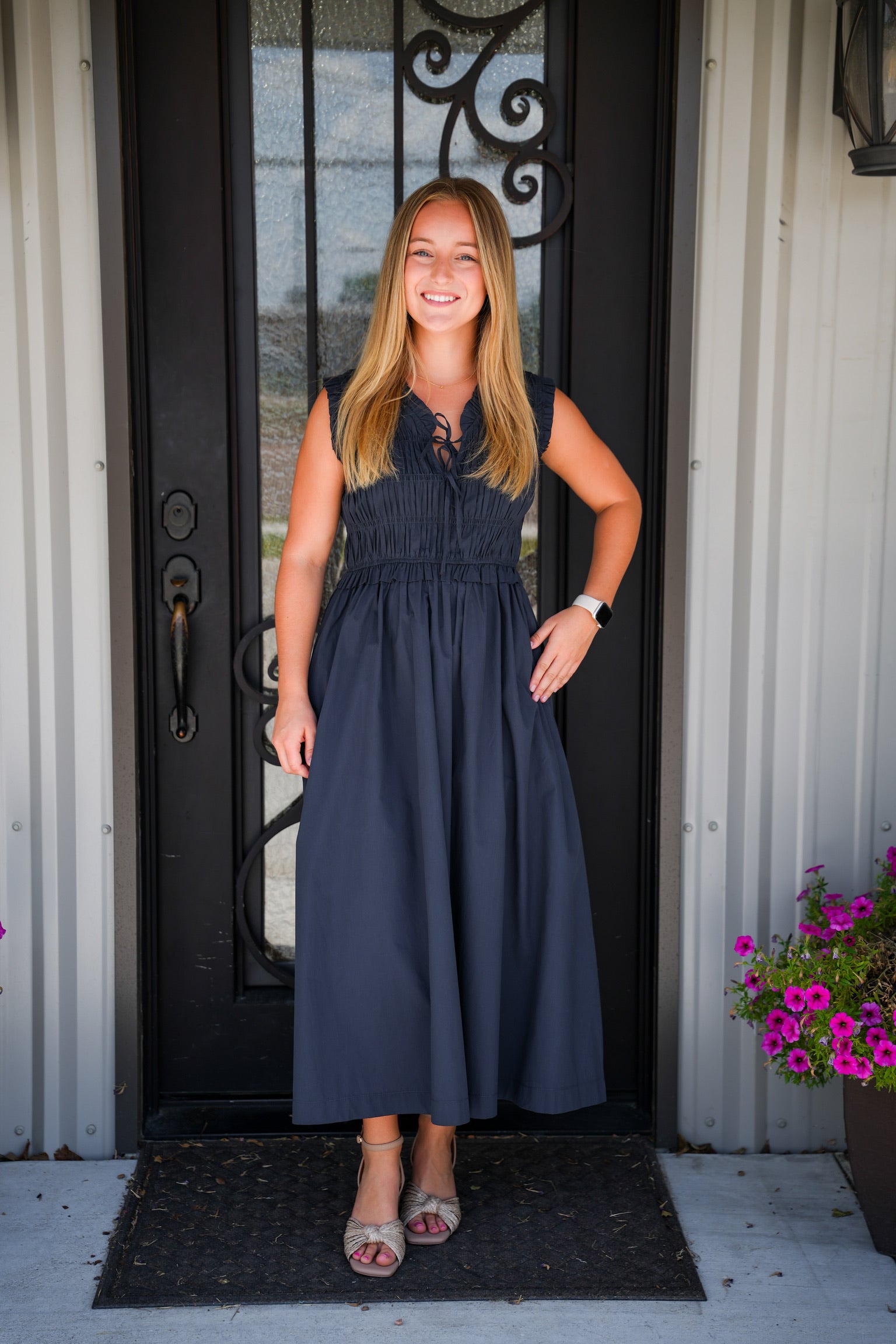 Front Tie Smocking Midi Dress - Ink - Southern Belle Boutique