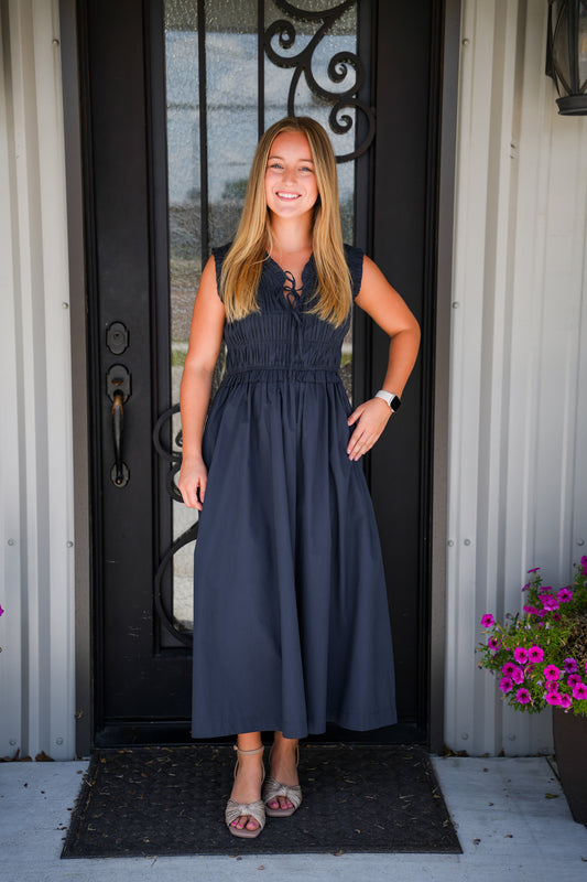 Front Tie Smocking Midi Dress - Ink - Southern Belle Boutique