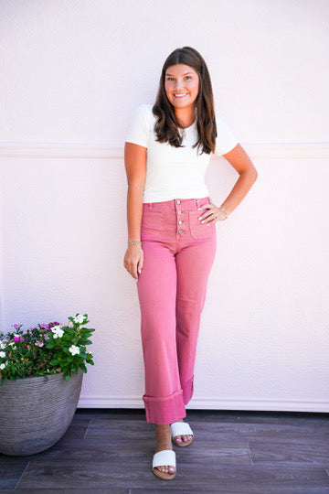 High Rise Wide Leg Front Patch Pocket Cuffed Pants - Brick