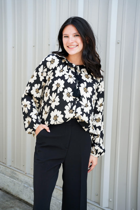 Floral Black Print Button Down Blouse